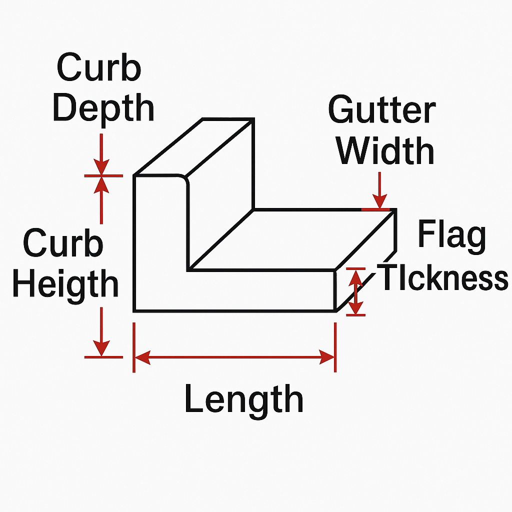 Curb and Gutter Dimensions Curb and gutter diagram with curb depth, curb height, gutter width, flag thickness, and length.