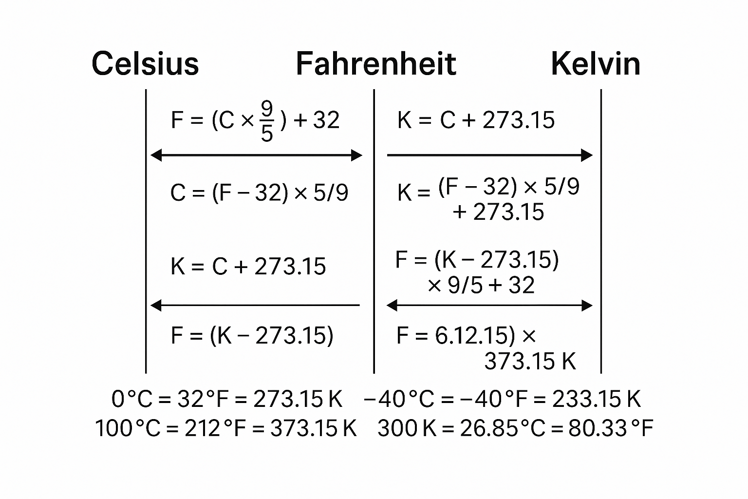 Temperature Conversion Formulas Chart Illustration showing temperature conversion formulas between Celsius, Fahrenheit, and Kelvin