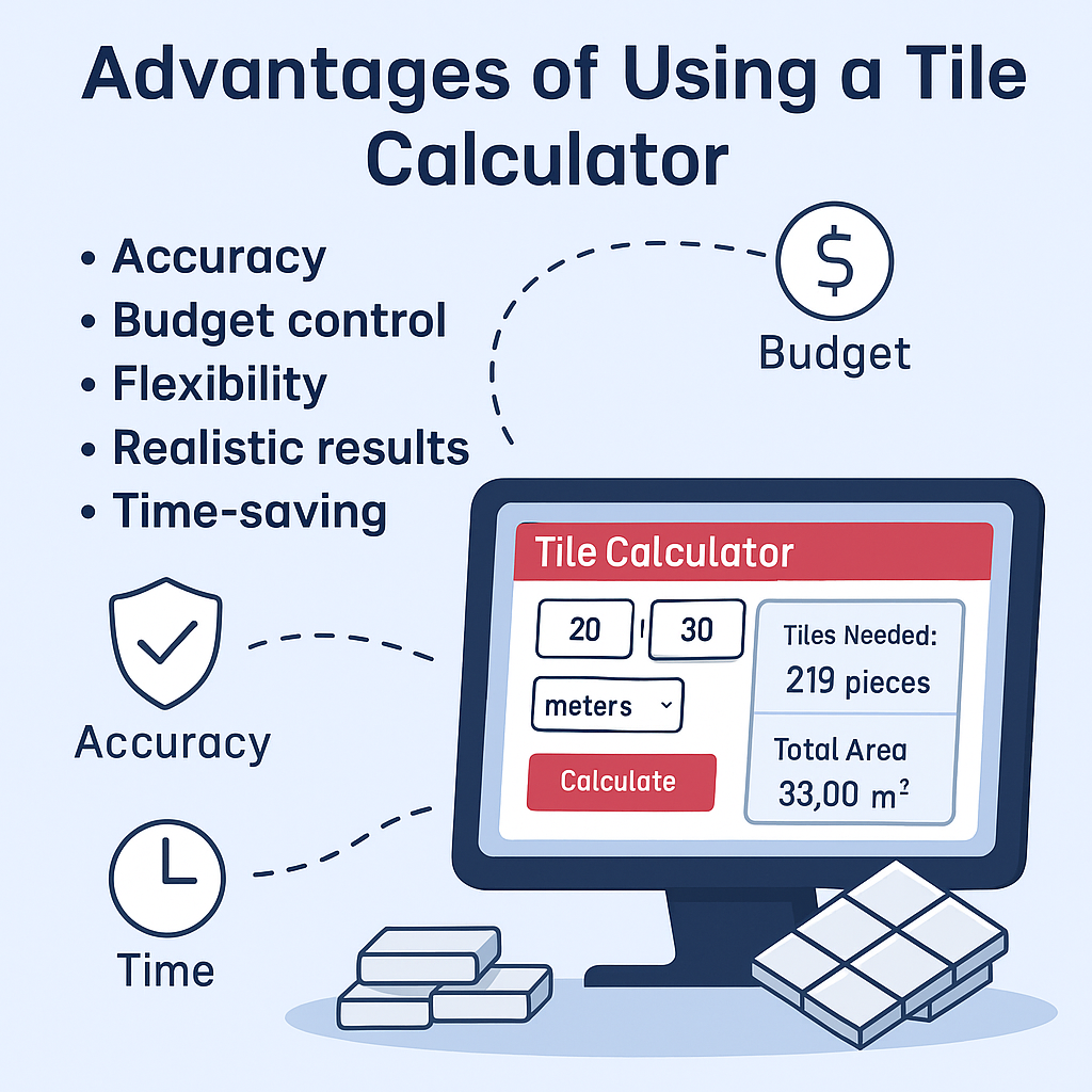 Illustration of tile calculator benefits such as accuracy, budgeting, and time savings