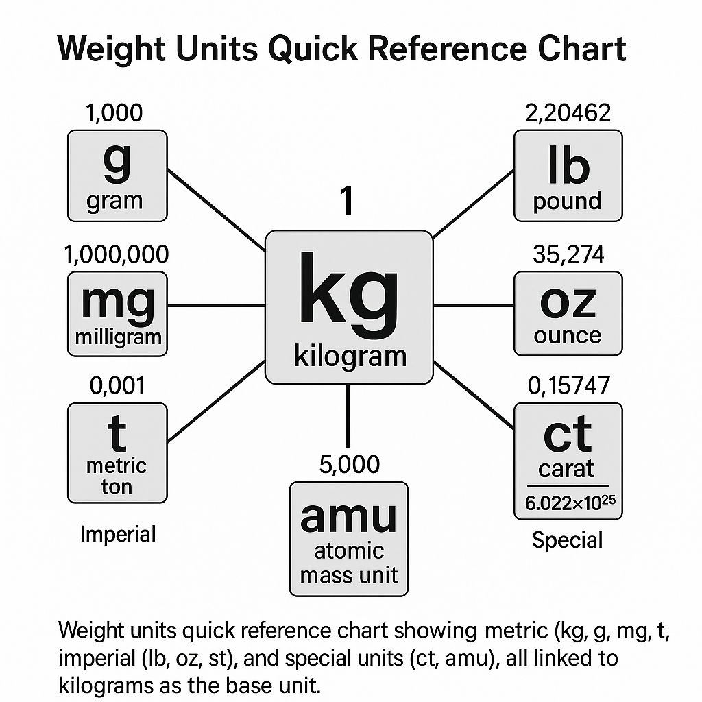 Weight units quick reference chart showing metric, imperial, and special units linked to kilograms as the base unit
