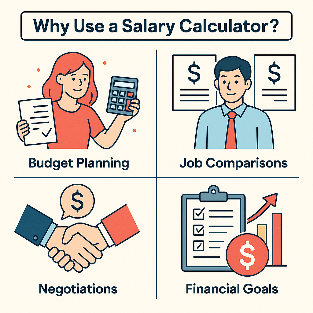 Why Use a Salary Calculator? Why Use a Salary Calculator infographic showing budgeting, job comparisons, negotiations, and financial goals