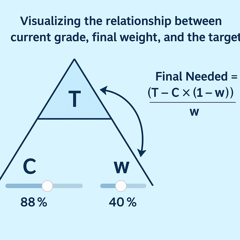 Chart showing current grade, final weight, and target to compute final exam needed