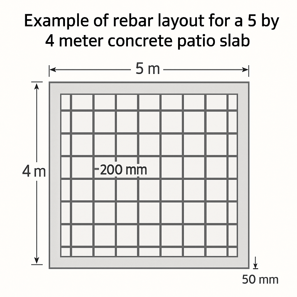 Example of rebar layout for a 5 by 4 meter concrete patio slab