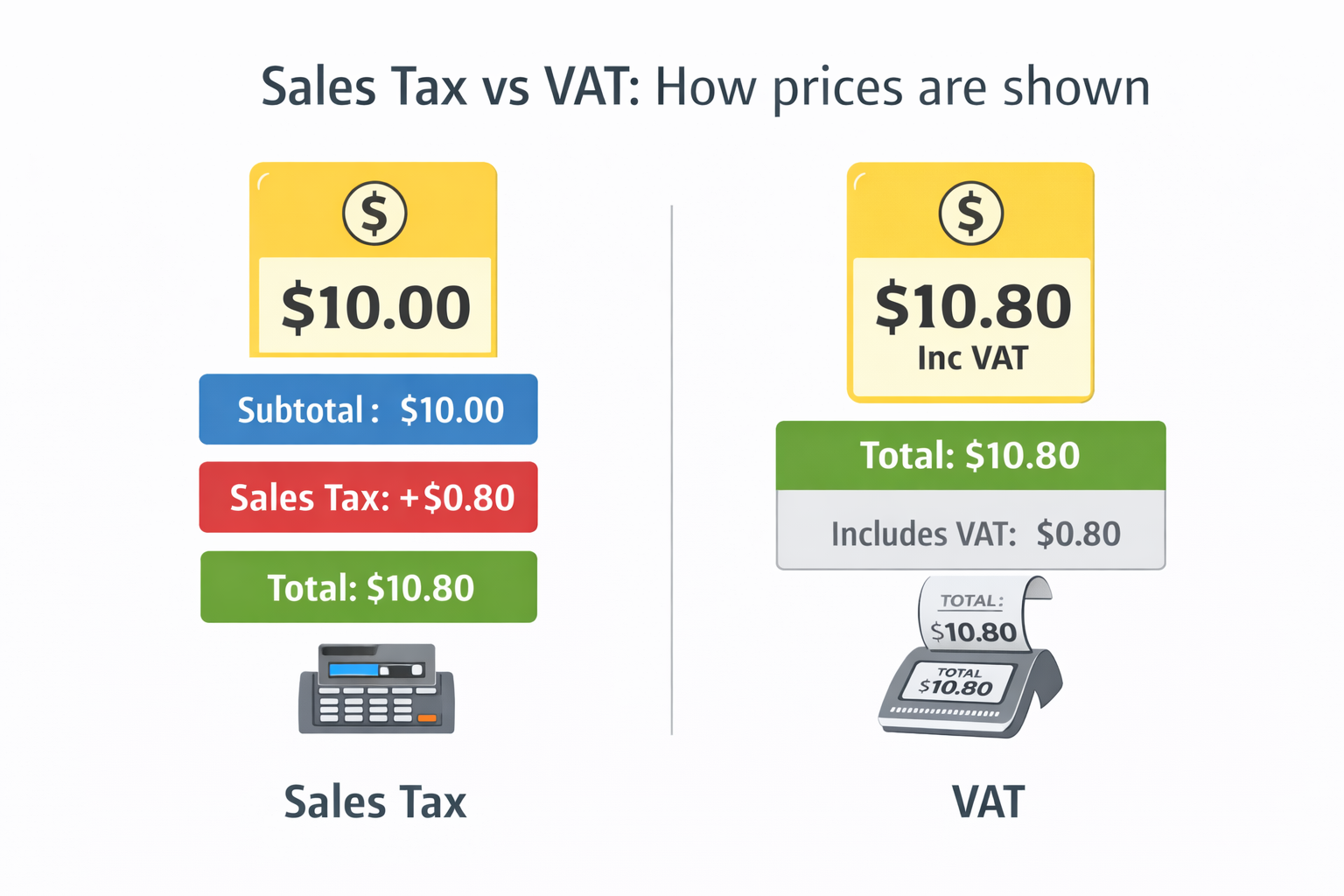 Comparison diagram showing sales tax added at checkout versus VAT included in displayed price